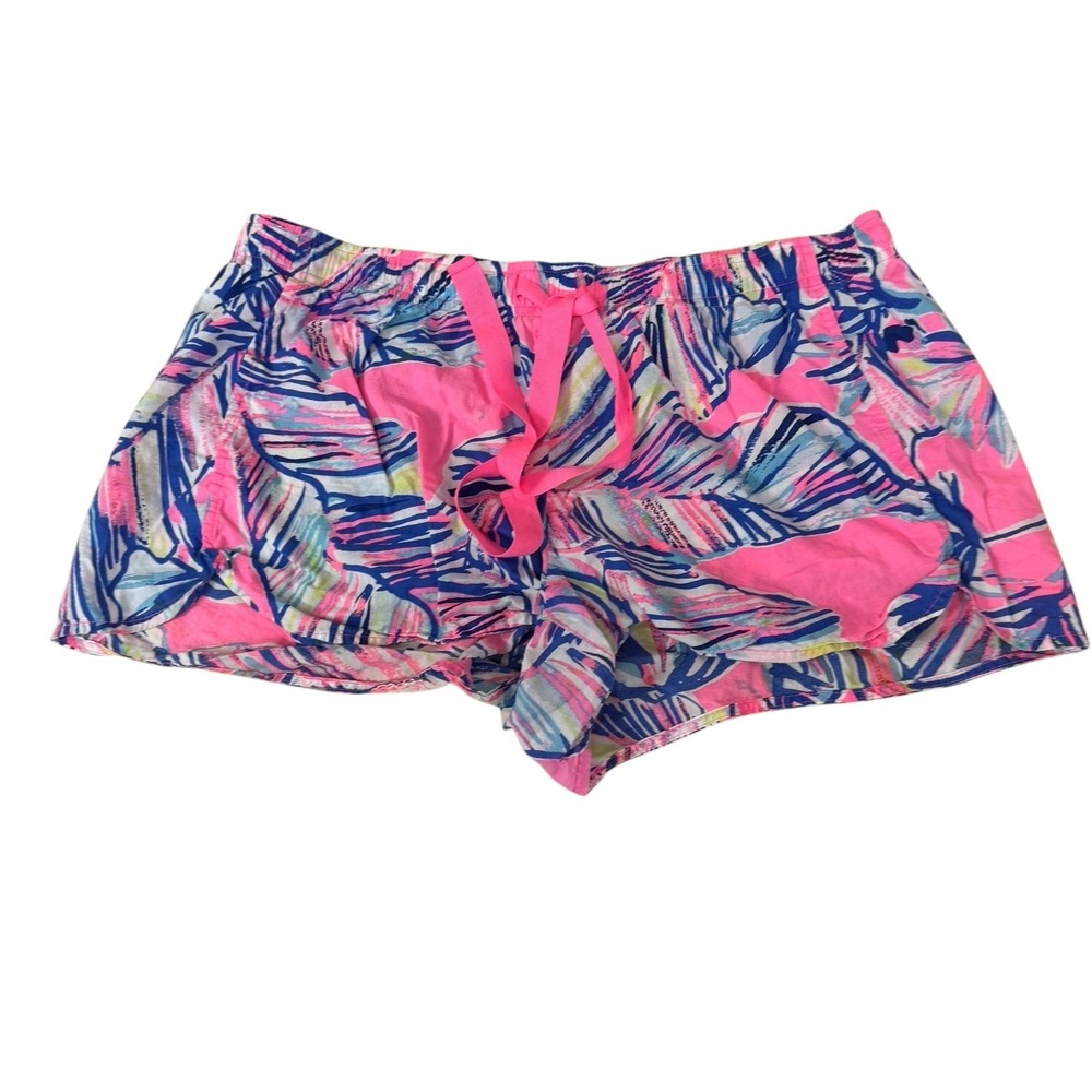 Lilly Pulitzer Pink Blue Palm‎ Leaf Print Cotton Pajama Lounge Shorts Large
